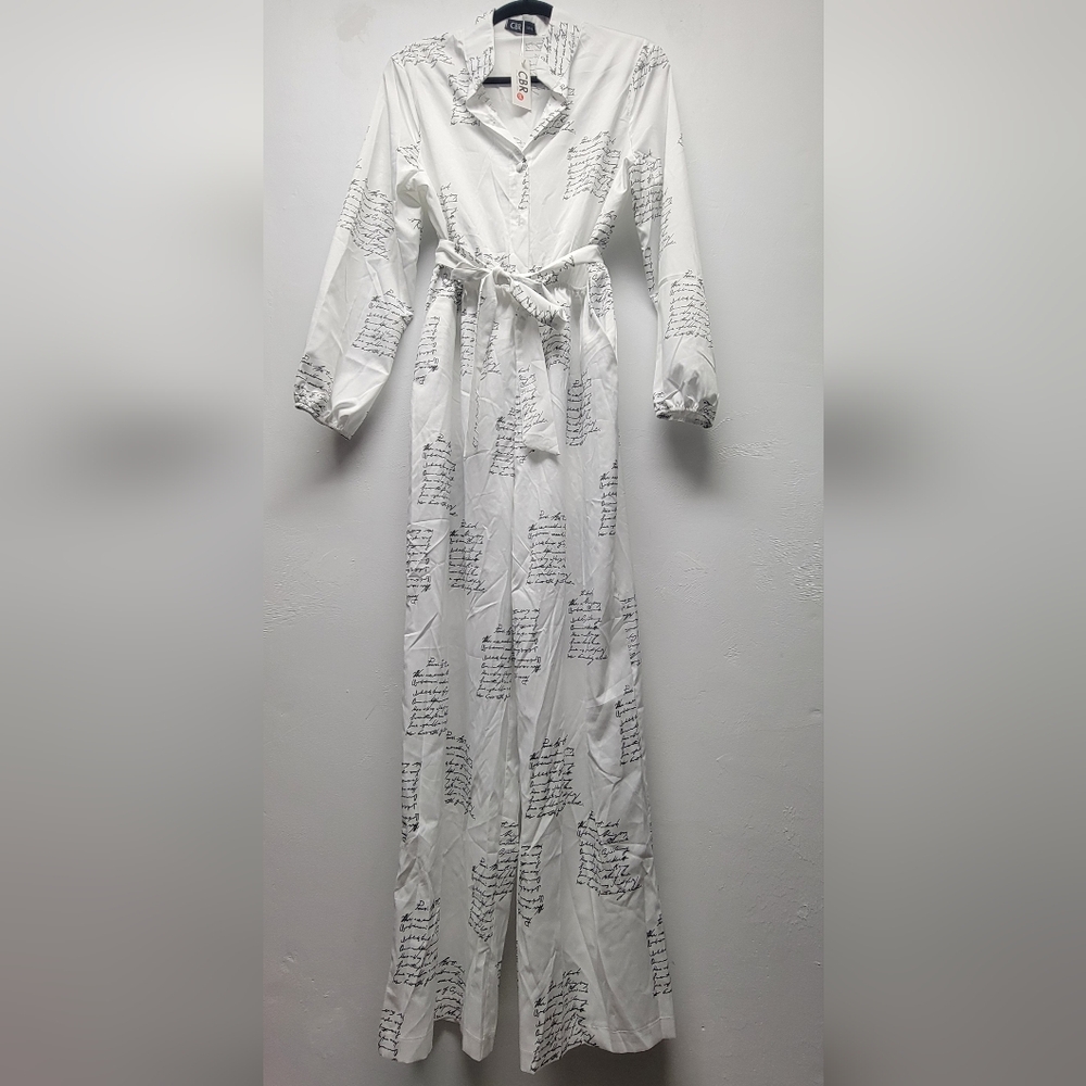 NWT White Script Print Jumpsuit Women's Size L/XL - Picture 2 of 8